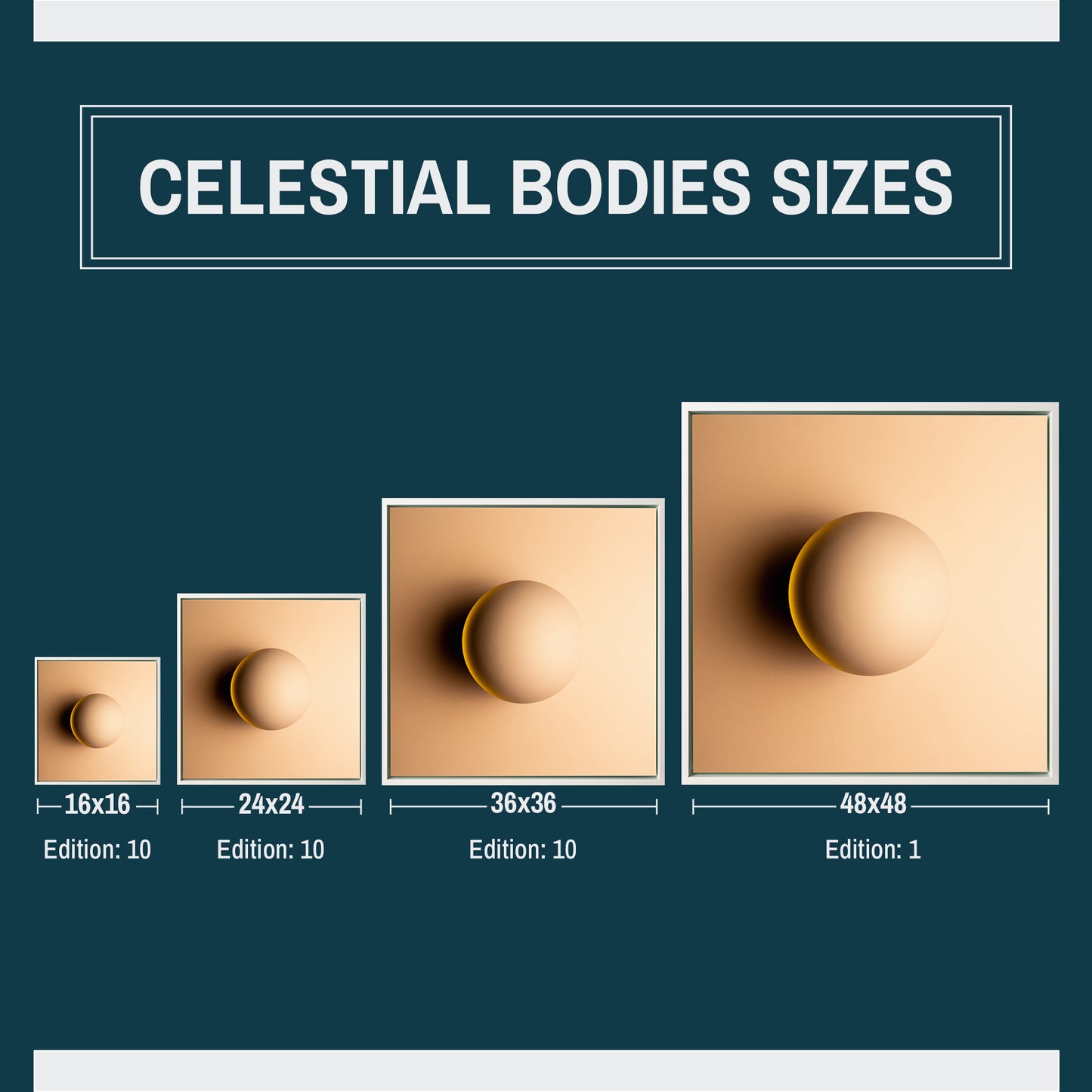 Size chart for Celestial Bodies denoting 16x16, 24x24, 36x36, and 48x48 inch print sizes